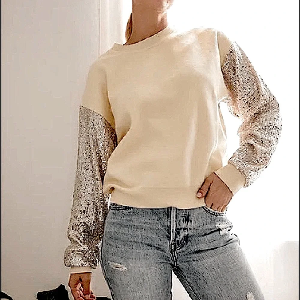 LUSH Sequin Sleeve Sweater Silver Cream Coquette Comfy Cozy Winter Sparkly Small - Picture 7 of 15
